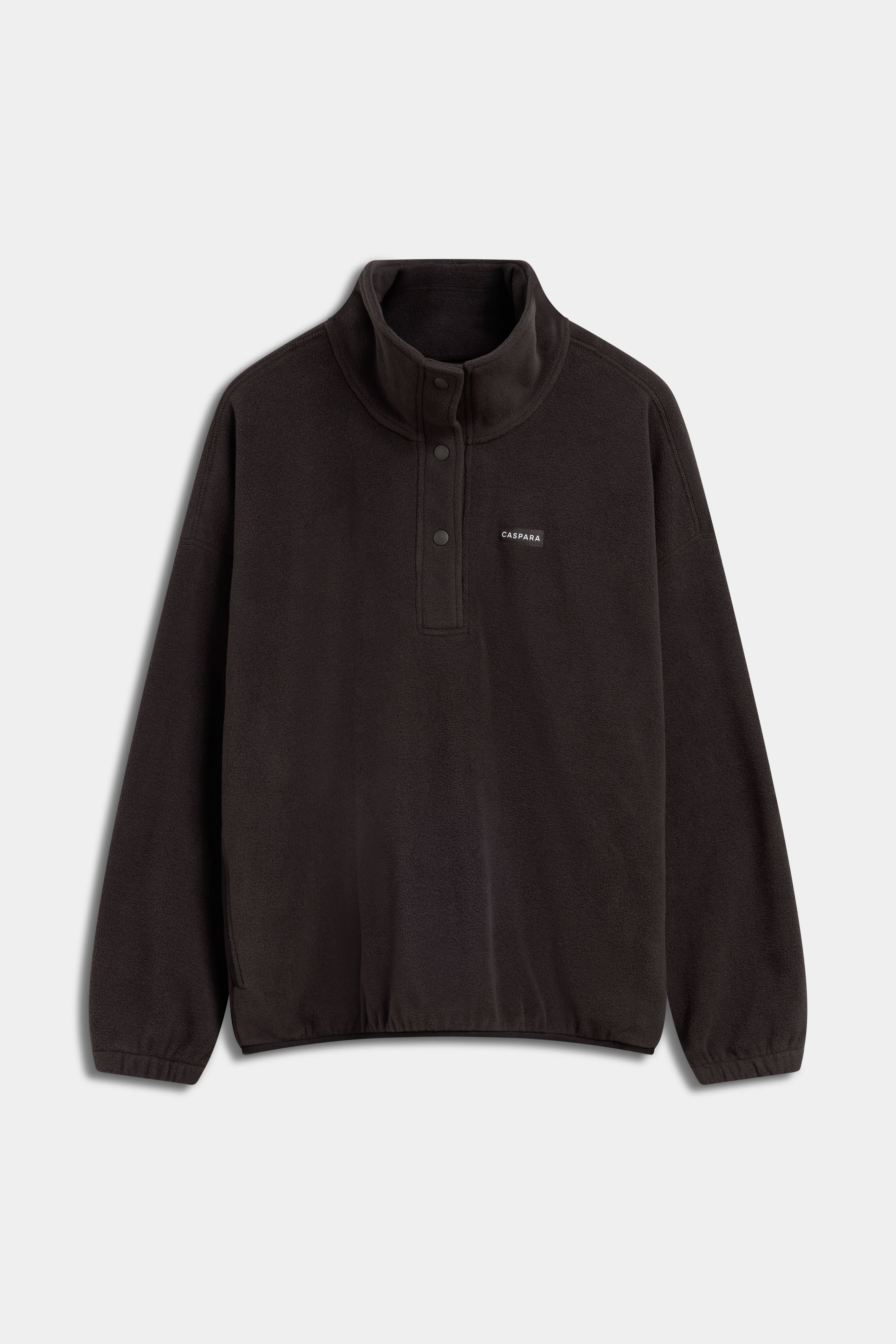Front view of the espresso CASPARA polar fleece half-snap pullover on a studio background.